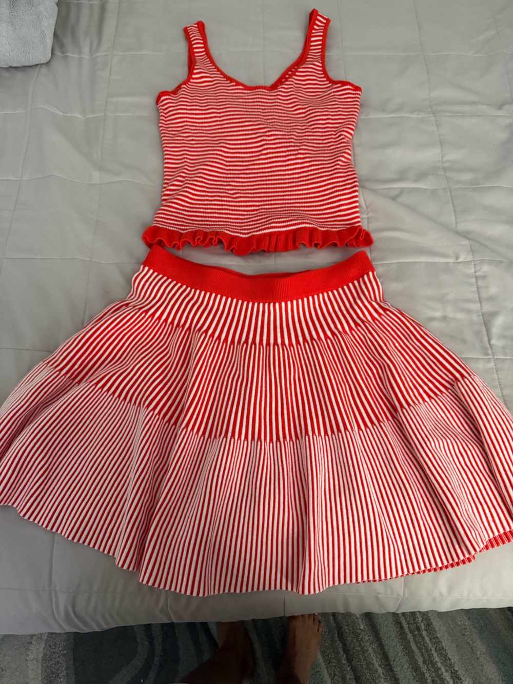 Ladies Orange and White Striped Knit Top and Skirt 2pc  - Chic Summer Style